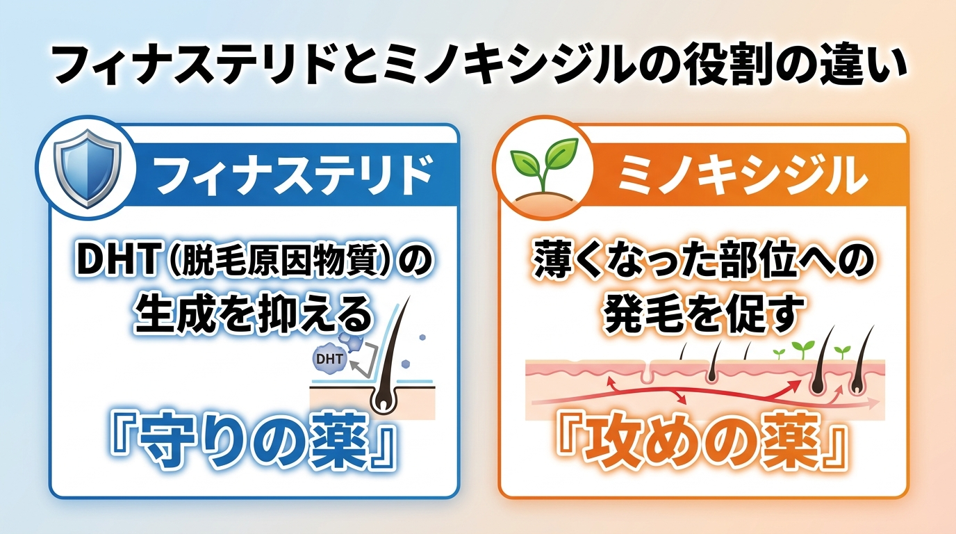 タイトル: フィナステリドとミノキシジルの役割の違い。2カラム比較カード: カード1(盾のアイコン)ヘッダー:フィナステリド、説明:DHT(脱毛原因物質)の生成を抑える「守りの薬」。カード2(芽のアイコン)ヘッダー:ミノキシジル、説明:薄くなった部位への発毛を促す「攻めの薬」。