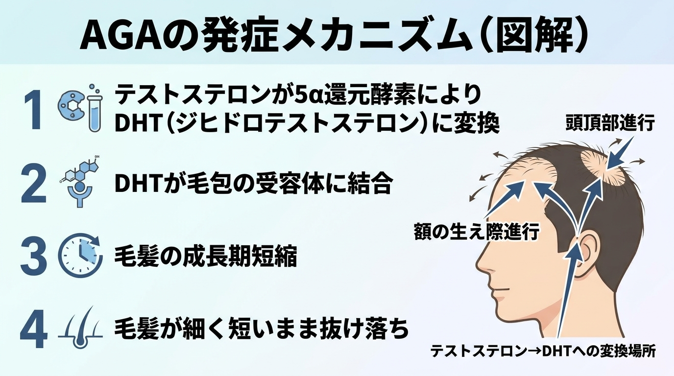 図解: AGAの発症メカニズム。ステップ1: テストステロンが5α還元酵素によりDHT(ジヒドロテストステロン)に変換される。ステップ2: DHTが毛包の受容体に結合する。ステップ3: 毛髪の成長期が短縮される。ステップ4: 毛髪が細く短いまま抜け落ちやすくなる。額の生え際と頭頂部から進行する様子を頭部イラストに矢印で図示。