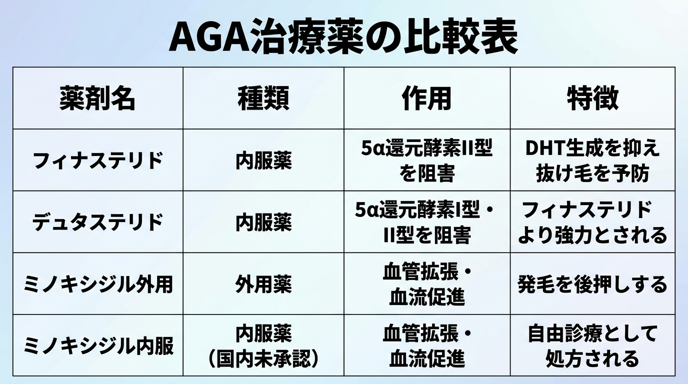 タイトル: AGA治療薬の比較表。4列の表: ヘッダー行: 薬剤名|種類|作用|特徴。行1: フィナステリド|内服薬|5α還元酵素II型を阻害|DHT生成を抑え抜け毛を予防。行2: デュタステリド|内服薬|5α還元酵素I型・II型を阻害|フィナステリドより強力とされる。行3: ミノキシジル外用|外用薬|血管拡張・血流促進|発毛を後押しする。行4: ミノキシジル内服|内服薬(国内未承認)|血管拡張・血流促進|自由診療として処方される。