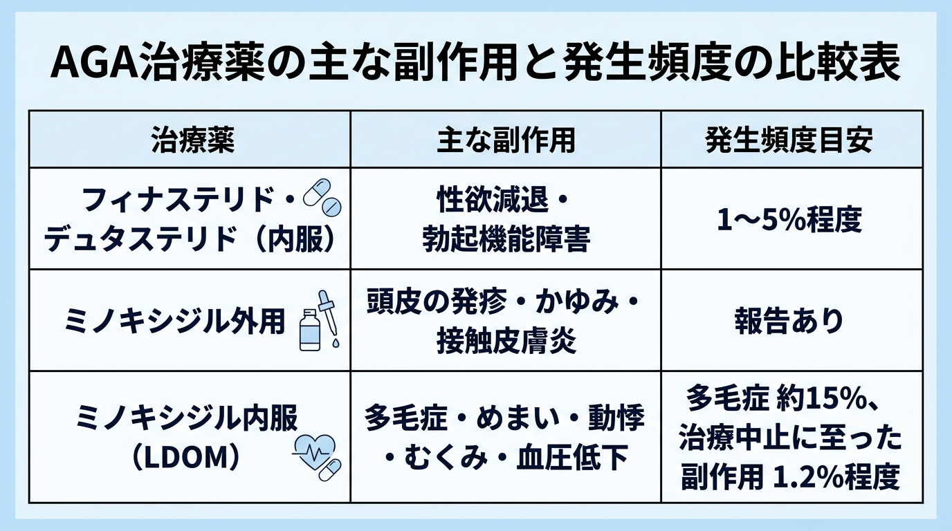 タイトル: AGA治療薬の主な副作用と発生頻度の比較表。3列の表: ヘッダー行: 治療薬|主な副作用|発生頻度目安。行1: フィナステリド・デュタステリド(内服)|性欲減退・勃起機能障害|1〜5%程度。行2: ミノキシジル外用|頭皮の発疹・かゆみ・接触皮膚炎|報告あり。行3: ミノキシジル内服(LDOM)|多毛症・めまい・動悸・むくみ・血圧低下|多毛症 約15%、治療中止に至った副作用 1.2%程度。