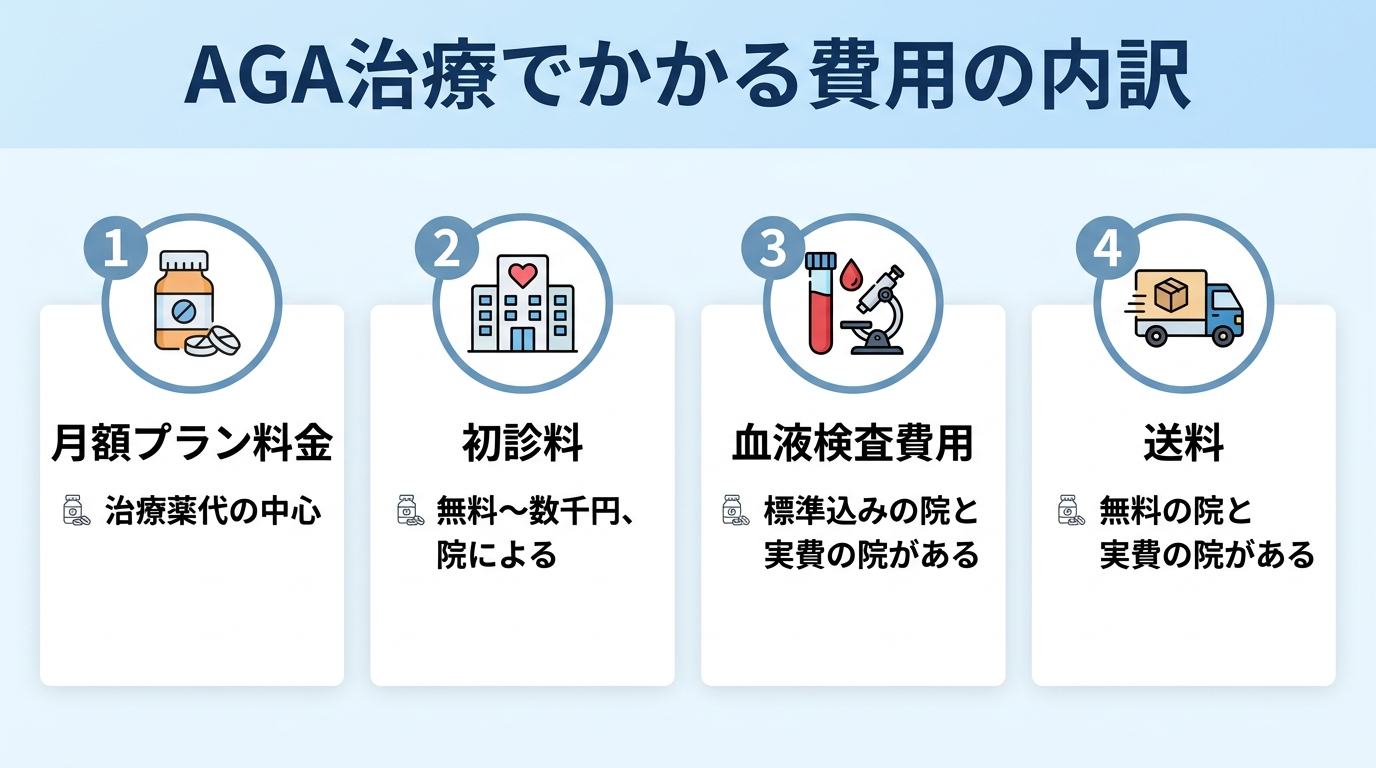 タイトル: AGA治療でかかる費用の内訳。4項目リスト: 月額プラン料金(治療薬代の中心)、初診料(無料〜数千円、院による)、血液検査費用(標準込みの院と実費の院がある)、送料(無料の院と実費の院がある)。各項目に簡潔な説明を添える。