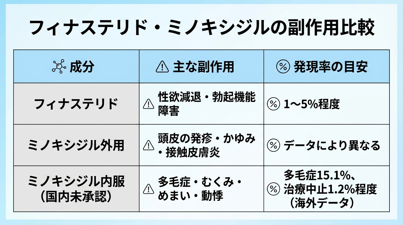 タイトル: フィナステリド・ミノキシジルの副作用比較。3列の表: ヘッダー行: 成分 | 主な副作用 | 発現率の目安。行1: フィナステリド | 性欲減退・勃起機能障害 | 1〜5%程度。行2: ミノキシジル外用 | 頭皮の発疹・かゆみ・接触皮膚炎 | データにより異なる。行3: ミノキシジル内服(国内未承認) | 多毛症・むくみ・めまい・動悸 | 多毛症15.1%、治療中止1.2%程度(海外データ)。