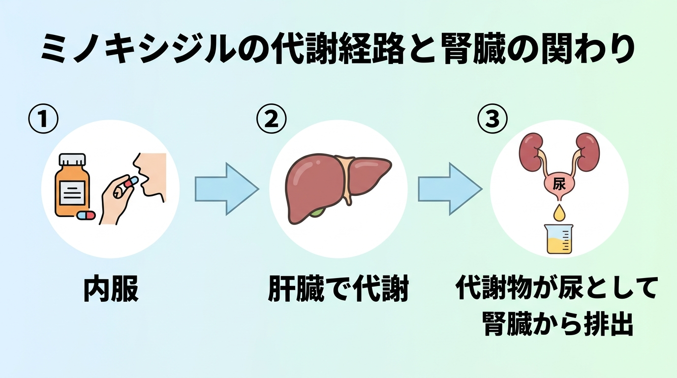 タイトル: ミノキシジルの代謝経路と腎臓の関わり。フロー図3ステップ: ①内服 → ②肝臓で代謝 → ③代謝物が尿として腎臓から排出。矢印でつないだシンプルな図解。