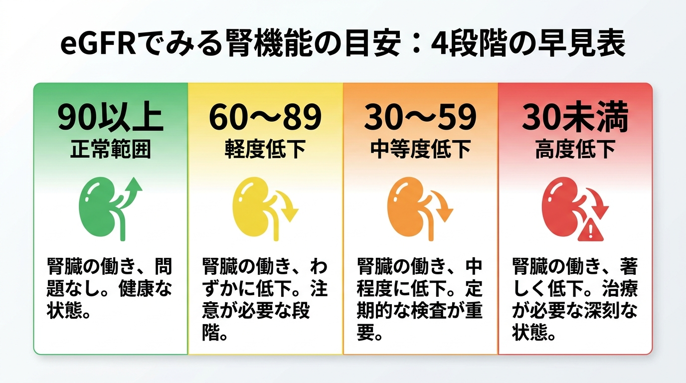 タイトル: eGFRでみる腎機能の目安。4段階の早見表: 90以上=正常範囲(緑)、60〜89=軽度低下(黄)、30〜59=中等度低下(オレンジ)、30未満=高度低下(赤)。