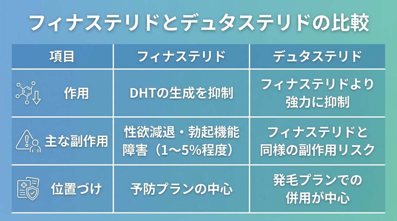 タイトル: フィナステリドとデュタステリドの比較。3列の表: ヘッダー行: 項目 | フィナステリド | デュタステリド。行1: 作用 | DHTの生成を抑制 | フィナステリドより強力に抑制。行2: 主な副作用 | 性欲減退・勃起機能障害(1〜5%程度) | フィナステリドと同様の副作用リスク。行3: 位置づけ | 予防プランの中心 | 発毛プランでの併用が中心。