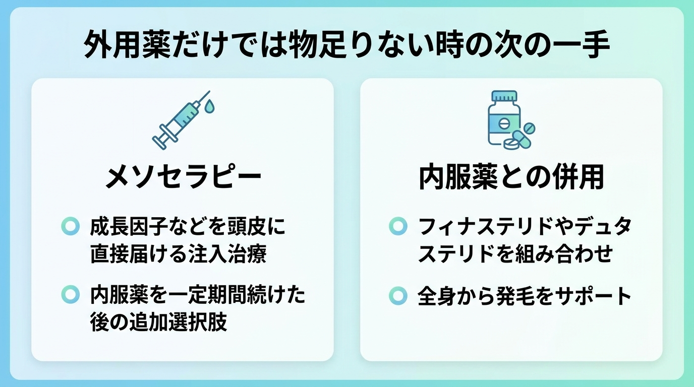 タイトル: 外用薬だけでは物足りない時の次の一手。横並び2カードで: カード1(注射器のアイコン)ヘッダー: メソセラピー、説明: 成長因子などを頭皮に直接届ける注入治療。内服薬を一定期間続けた後の追加選択肢。カード2(錠剤のアイコン)ヘッダー: 内服薬との併用、説明: フィナステリドやデュタステリドを組み合わせ、全身から発毛をサポート。