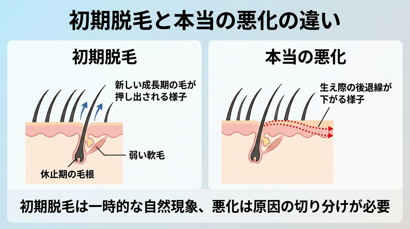 タイトル: 初期脱毛と本当の悪化の違い。イラスト: 頭部の生え際を示す図。左側に「初期脱毛」というラベルとともに、休止期の毛根から矢印で新しい成長期の毛が押し出される様子を図示。右側に「本当の悪化」というラベルとともに、生え際の後退線が矢印で下がっていく様子を対比表示。下部にテキストで「初期脱毛は一時的な自然現象、悪化は原因の切り分けが必要」と記載