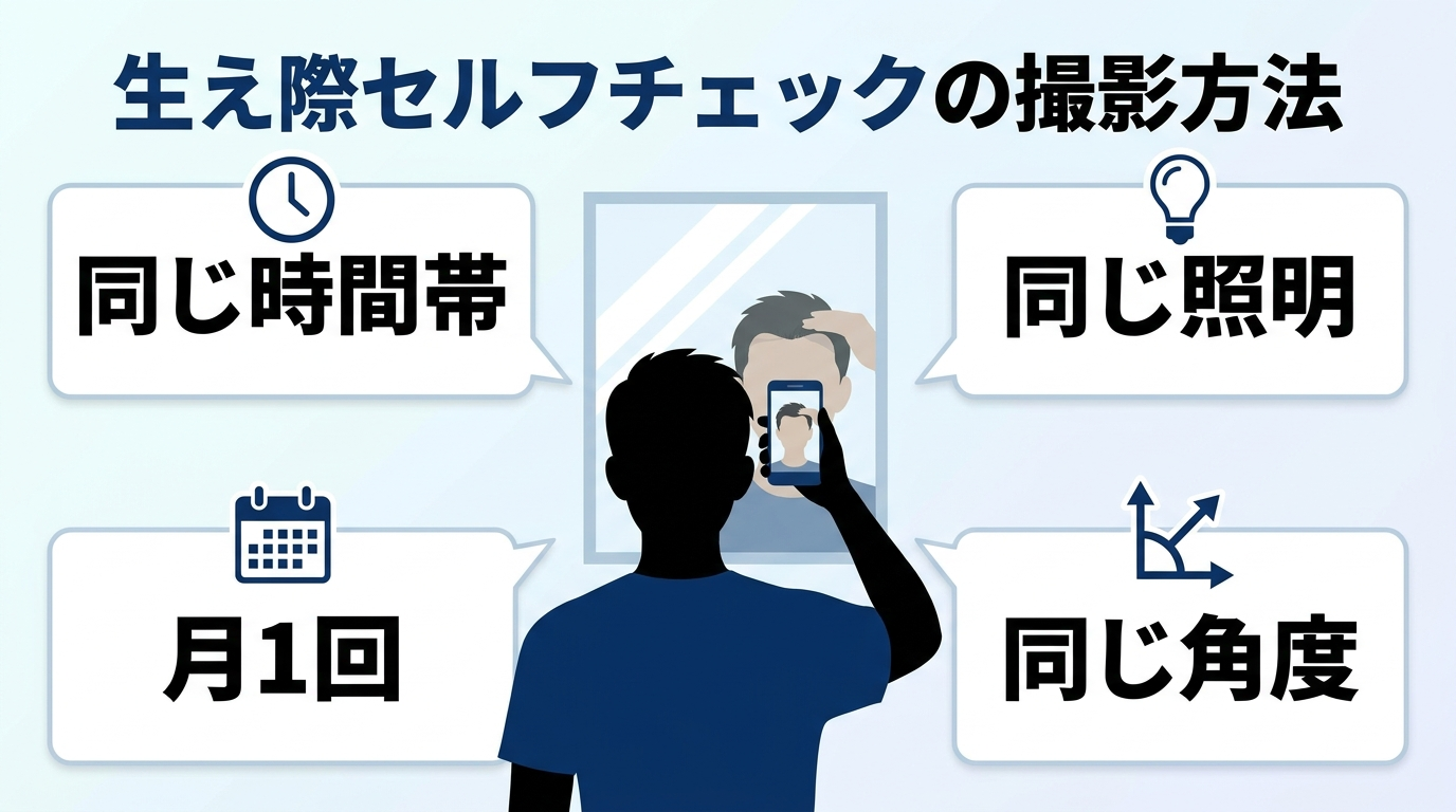 タイトル: 生え際セルフチェックの撮影方法。イラスト: 正面から鏡に向かって生え際を撮影する男性のシルエット。周囲に「同じ時間帯」「同じ照明」「同じ角度」「月1回」という4つのラベルを吹き出しで配置し、撮影のポイントを図解