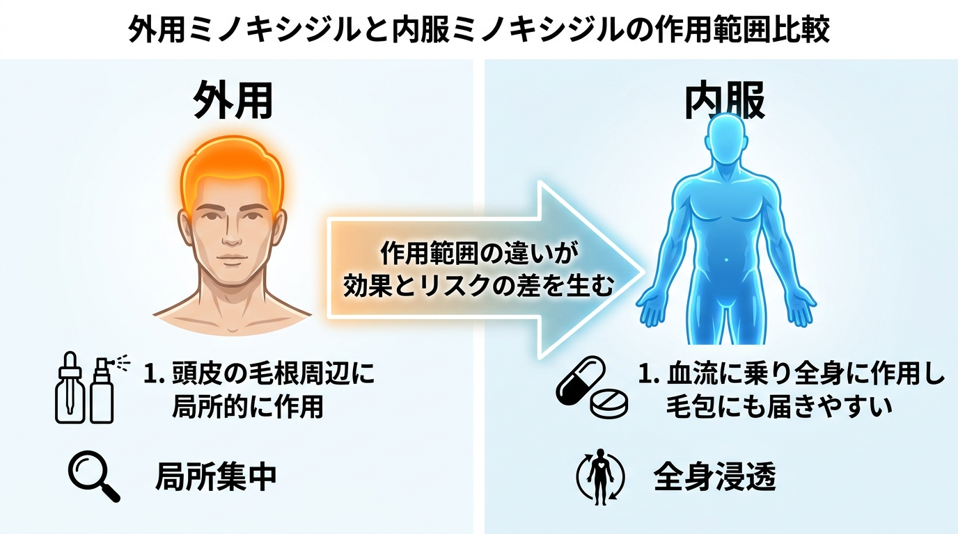 タイトル: 外用ミノキシジルと内服ミノキシジルの作用範囲比較。人体イラストを用いた図解、左に頭部のみをオレンジ色でハイライトした人物「外用:頭皮の毛根周辺に局所的に作用」、右に全身を青色でハイライトした人物「内服:血流に乗り全身に作用し毛包にも届きやすい」。中央に矢印で「作用範囲の違いが効果とリスクの差を生む」と記載。