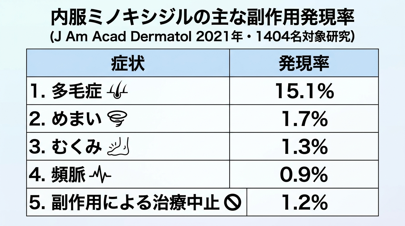 タイトル: 内服ミノキシジルの主な副作用発現率(J Am Acad Dermatol 2021年・1404名対象研究)。表形式、2列: 症状 | 発現率。行1: 多毛症 | 15.1%。行2: めまい | 1.7%。行3: むくみ | 1.3%。行4: 頻脈 | 0.9%。行5: 副作用による治療中止 | 1.2%。