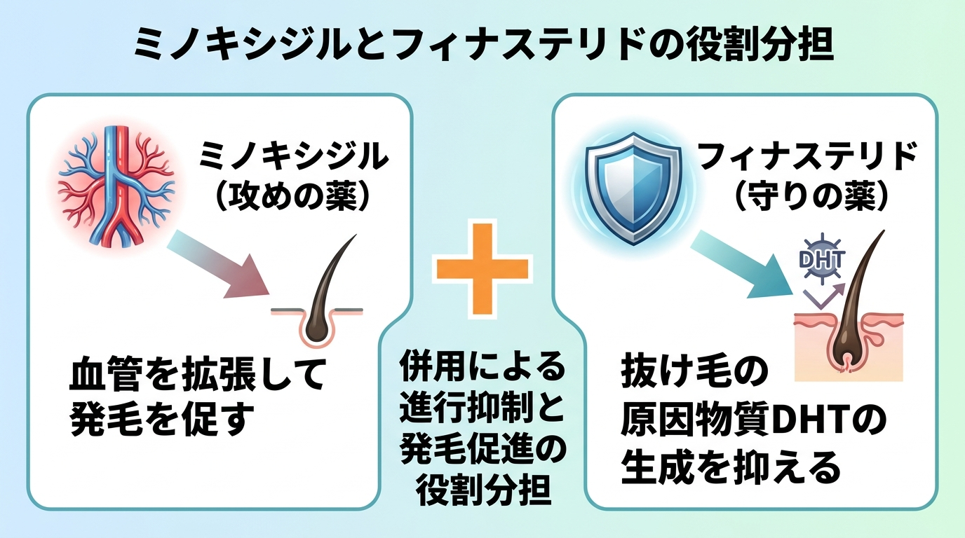 タイトル: ミノキシジルとフィナステリドの役割分担。横並び2カード。カード1(血管のアイコン)ヘッダー: ミノキシジル(攻めの薬)、説明: 血管を拡張して発毛を促す。カード2(盾のアイコン)ヘッダー: フィナステリド(守りの薬)、説明: 抜け毛の原因物質DHTの生成を抑える。中央に「+」記号で併用による進行抑制と発毛促進の役割分担を示す