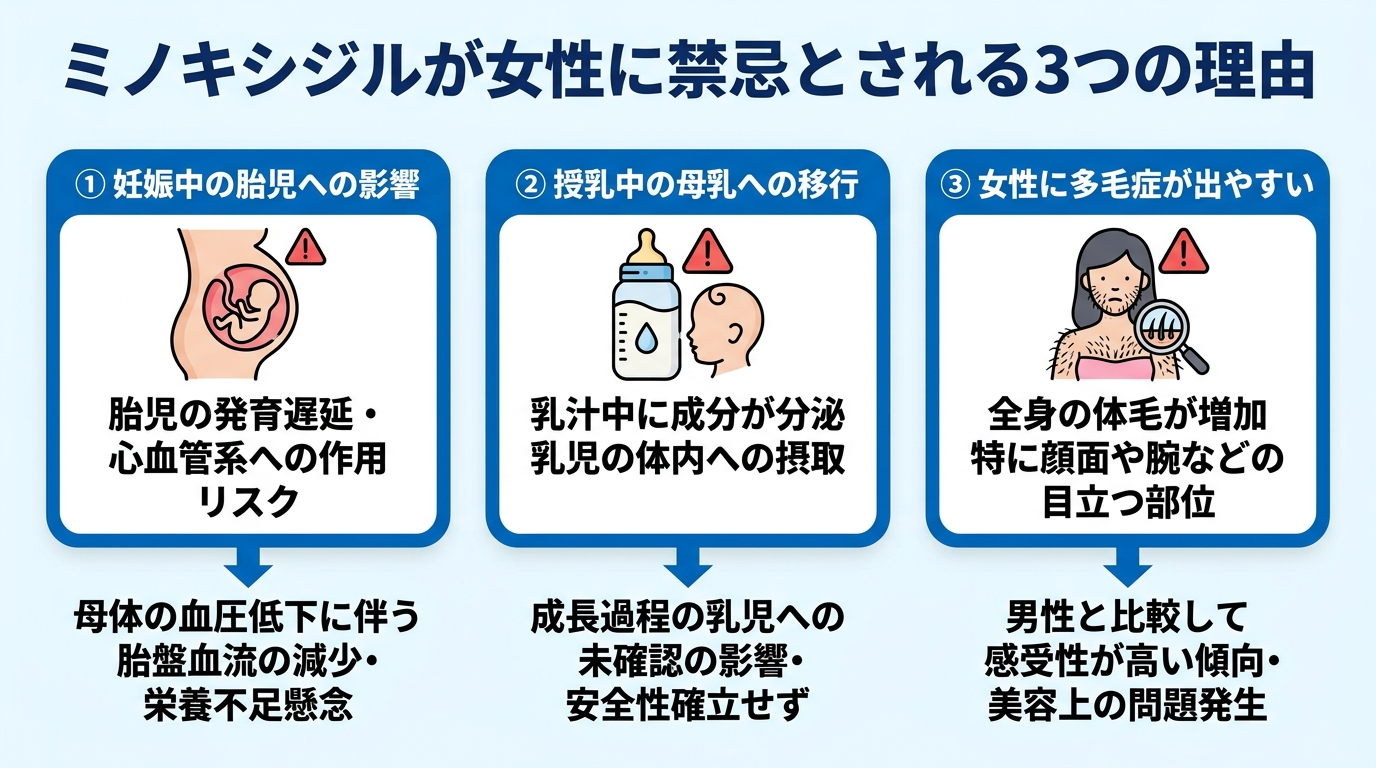 タイトル: ミノキシジルが女性に禁忌とされる3つの理由。3枚のアイコンカードを横並びで表示。カード1(お腹の赤ちゃんのアイコン)見出し: 妊娠中の胎児への影響。カード2(哺乳瓶のアイコン)見出し: 授乳中の母乳への移行。カード3(体毛のアイコン)見出し: 女性に多毛症が出やすい