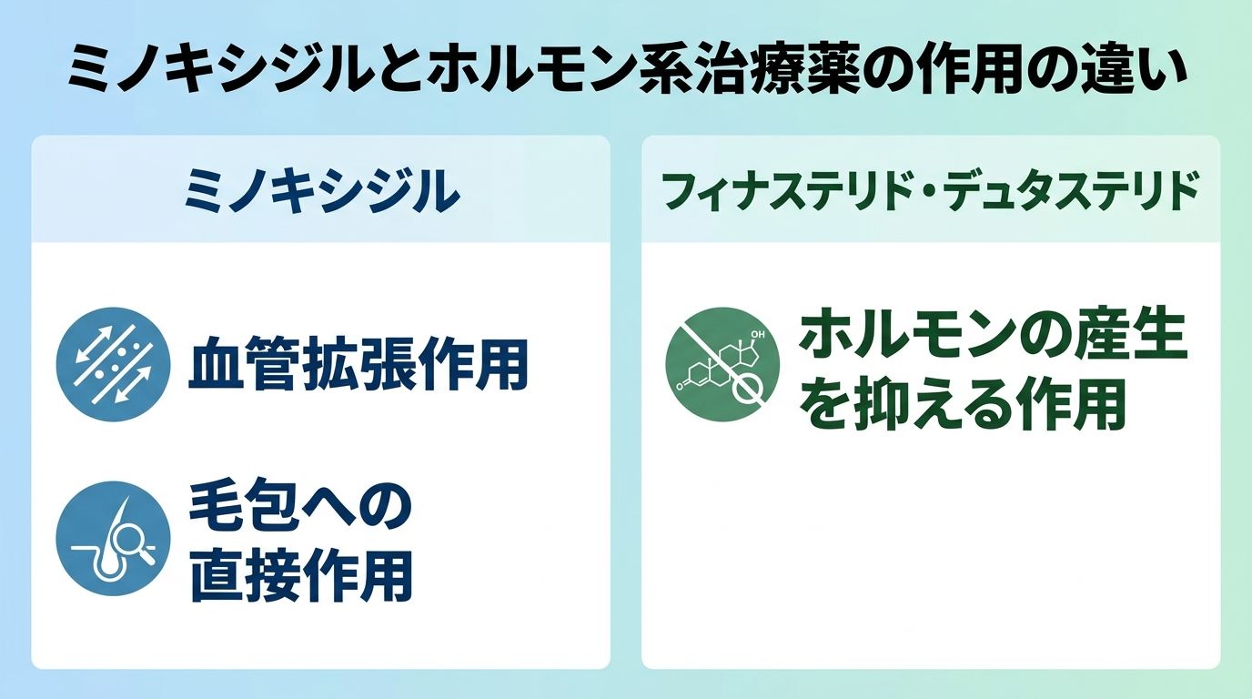 タイトル: ミノキシジルとホルモン系治療薬の作用の違い。2カラム対比図。左カラム見出し: ミノキシジル、説明: 血管拡張・毛包への直接作用。右カラム見出し: フィナステリド/デュタステリド、説明: ホルモンの産生を抑える作用