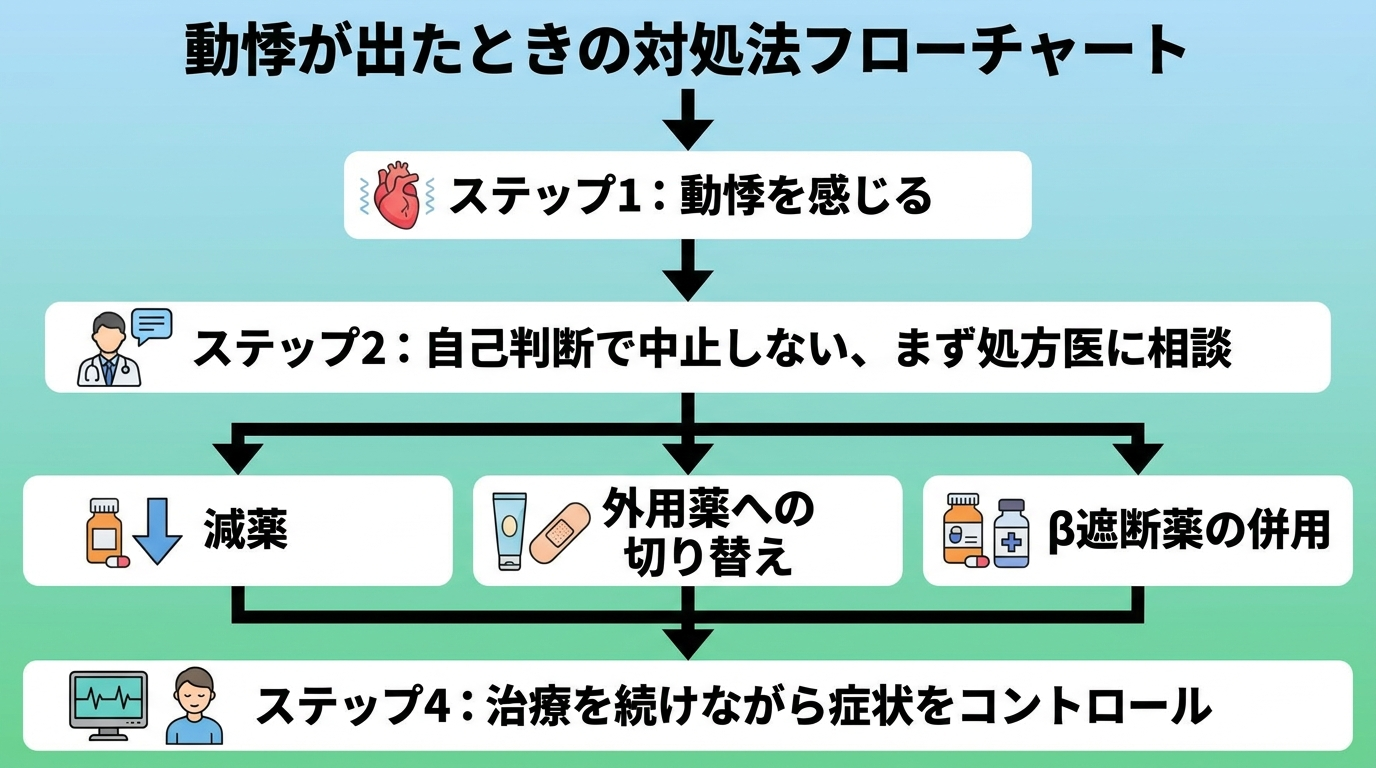 タイトル: 動悸が出たときの対処法フローチャート。上から下への4ステップ矢印図。ステップ1: 動悸を感じる。ステップ2: 自己判断で中止しない、まず処方医に相談。ステップ3(分岐、3つの選択肢を横並び): 減薬/外用薬への切り替え/β遮断薬の併用。ステップ4: 治療を続けながら症状をコントロール