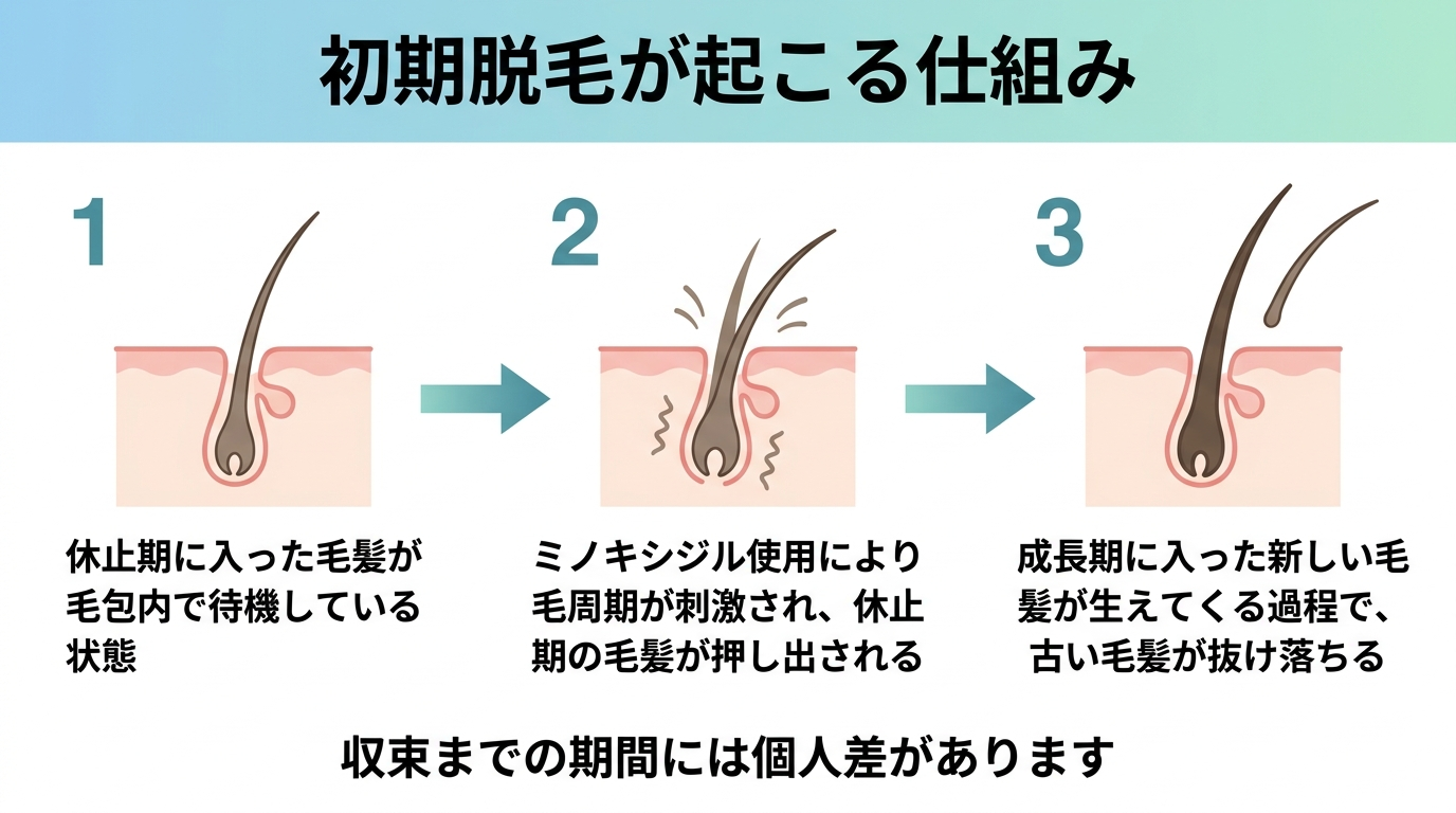 タイトル: 初期脱毛が起こる仕組み。3ステップの図解。ステップ1(休止期の毛包のイラスト): 休止期に入った毛髪が毛包内で待機している状態。ステップ2(矢印で成長期へ): ミノキシジル使用により毛周期が刺激され、休止期の毛髪が押し出される。ステップ3(新しい毛髪が生えるイラスト): 成長期に入った新しい毛髪が生えてくる過程で、古い毛髪が抜け落ちる。下部に注記テキスト「収束までの期間には個人差があります」