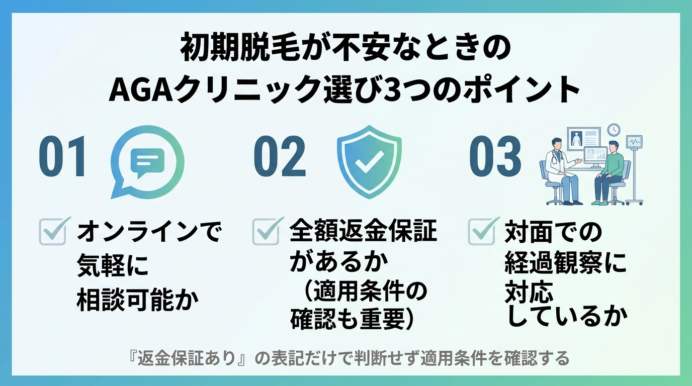 タイトル: 初期脱毛が不安なときのAGAクリニック選び3つのポイント。チェックリスト型の図。ポイント1(吹き出しアイコン): オンラインで気軽に相談できるか。ポイント2(盾のアイコン): 全額返金保証があるか(適用条件の確認も重要)。ポイント3(診察室のアイコン): 対面での経過観察に対応しているか。下部注記: 「返金保証あり」の表記だけで判断せず適用条件を確認する