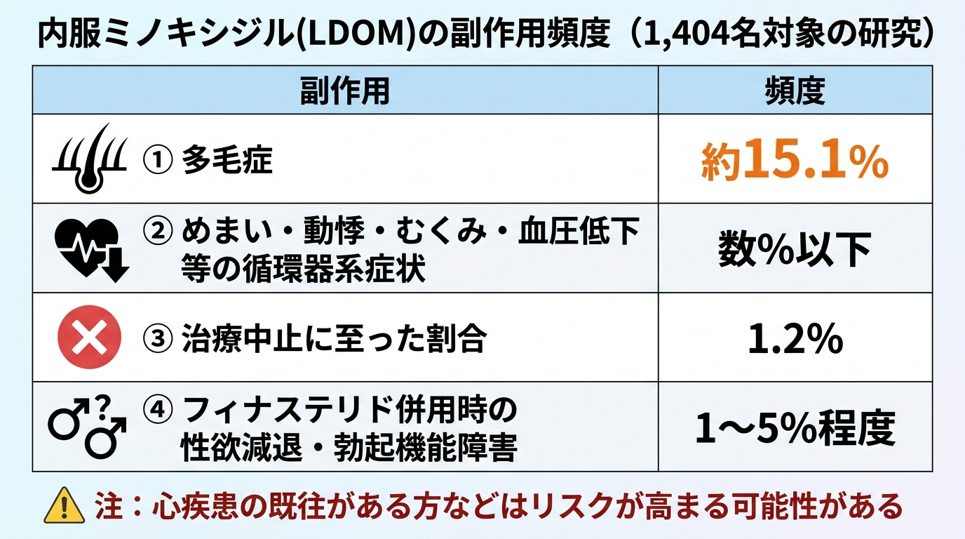 タイトル: 内服ミノキシジル(LDOM)の副作用頻度(1,404名対象の研究)。4行の表。ヘッダー行: 副作用 | 頻度。行1: 多毛症 | 約15.1%。行2: めまい・動悸・むくみ・血圧低下等の循環器系症状 | 数%以下。行3: 治療中止に至った割合 | 1.2%。行4: フィナステリド併用時の性欲減退・勃起機能障害 | 1〜5%程度。下部注記: 「心疾患の既往がある方などはリスクが高まる可能性がある」