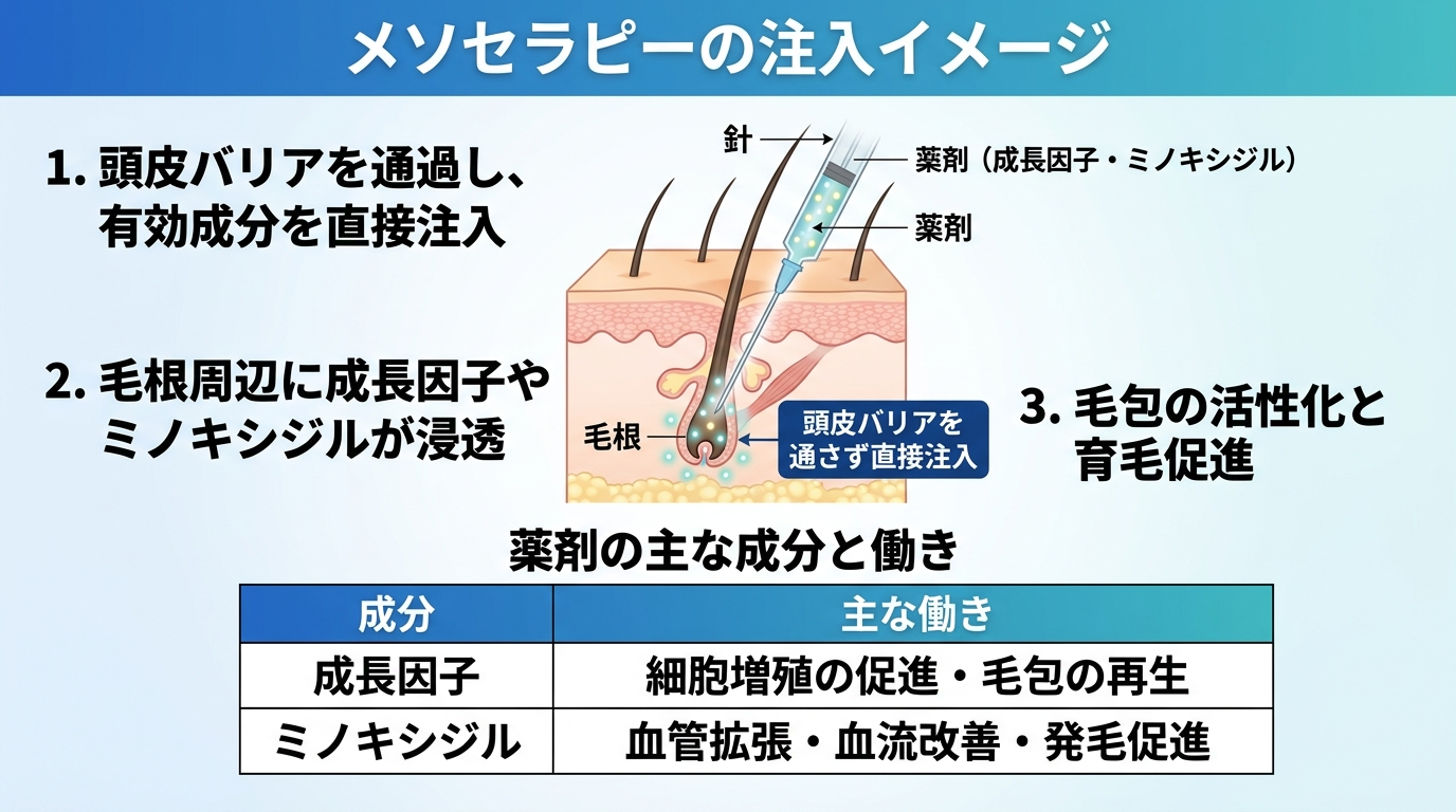 タイトル: メソセラピーの注入イメージ。頭皮断面のイラストで、細い針が毛根近くまで薬剤(成長因子・ミノキシジル)を届ける様子を図示。ラベル: 針/薬剤/毛根/頭皮バリアを通さず直接注入。