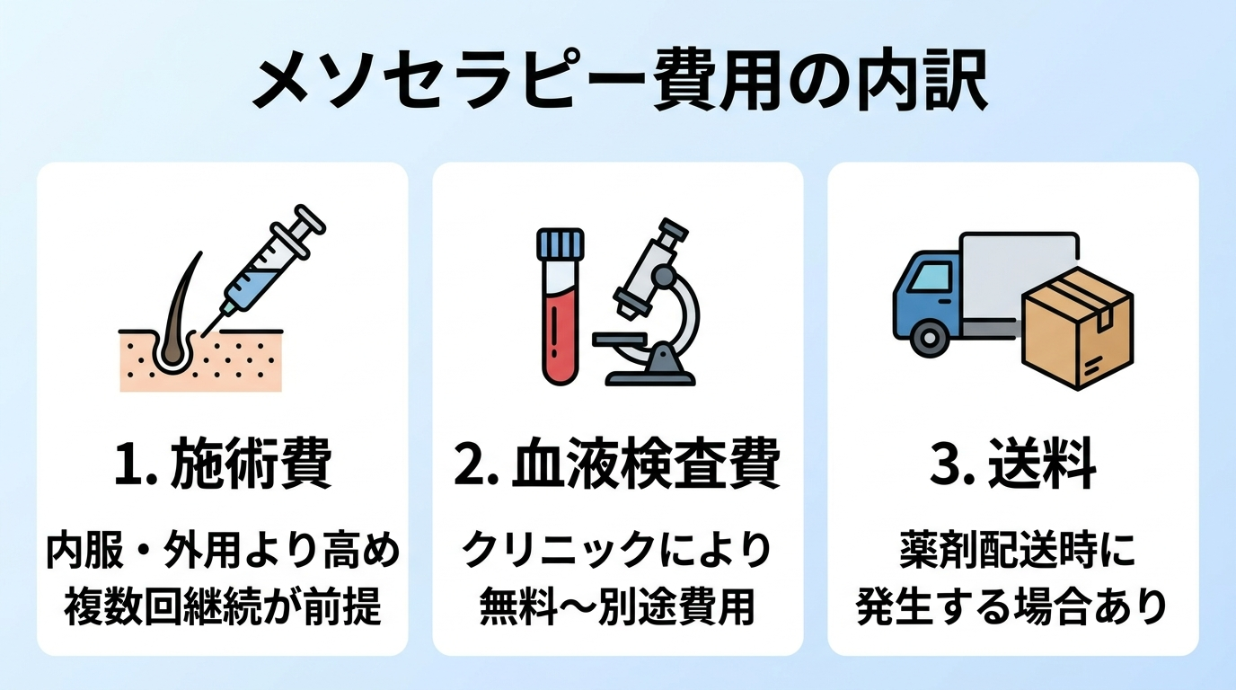 タイトル: メソセラピー費用の内訳。3項目カード: カード1 ヘッダー:施術費、説明:内服・外用より高め、複数回継続が前提。カード2 ヘッダー:血液検査費、説明:クリニックにより無料〜別途費用。カード3 ヘッダー:送料、説明:薬剤配送時に発生する場合あり。