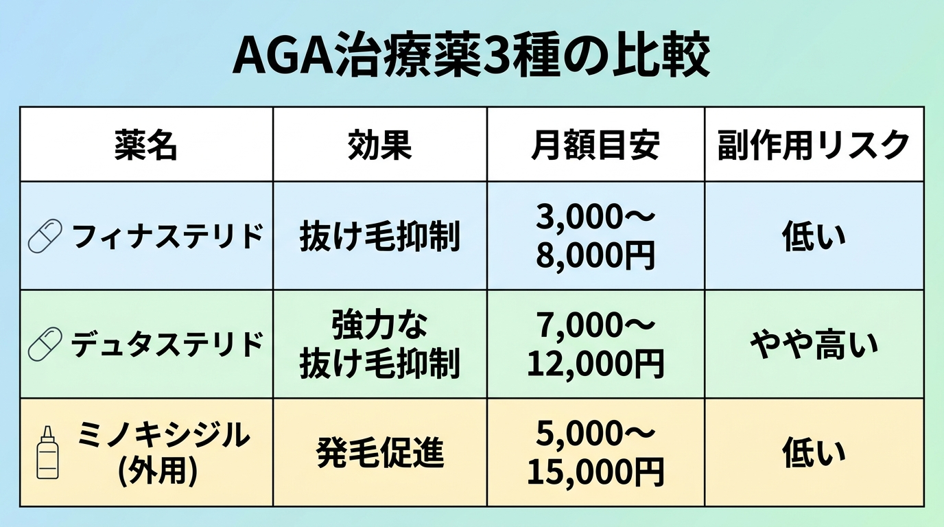 タイトル: AGA治療薬3種の比較。4列の表: ヘッダー行: 薬名|効果|月額目安|副作用リスク。行1: フィナステリド|抜け毛抑制|3,000〜8,000円|低い。行2: デュタステリド|強力な抜け毛抑制|7,000〜12,000円|やや高い。行3: ミノキシジル(外用)|発毛促進|5,000〜15,000円|低い。