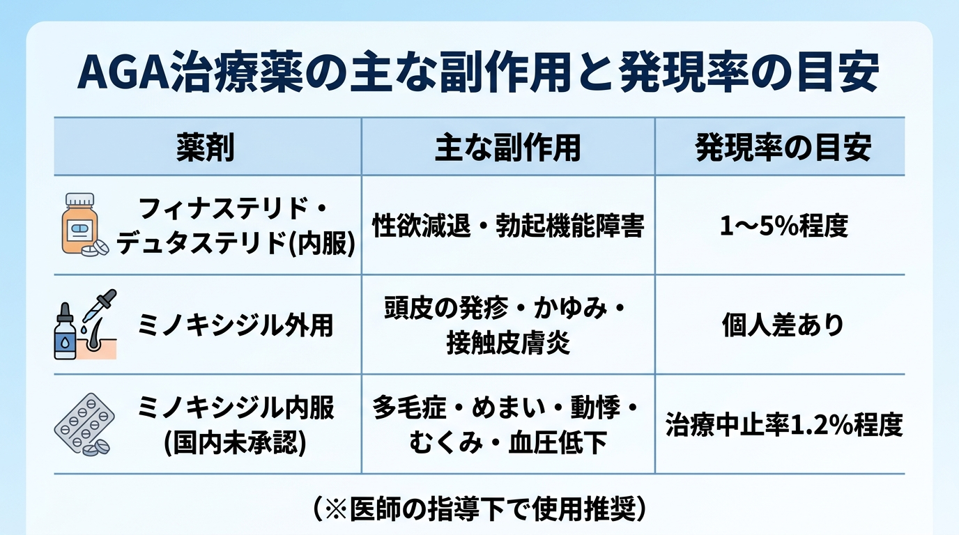 タイトル: AGA治療薬の主な副作用と発現率の目安。3列の表: ヘッダー: 薬剤|主な副作用|発現率の目安。行1: フィナステリド・デュタステリド(内服)|性欲減退・勃起機能障害|1〜5%程度。行2: ミノキシジル外用|頭皮の発疹・かゆみ・接触皮膚炎|個人差あり。行3: ミノキシジル内服(国内未承認)|多毛症・めまい・動悸・むくみ・血圧低下|治療中止率1.2%程度。