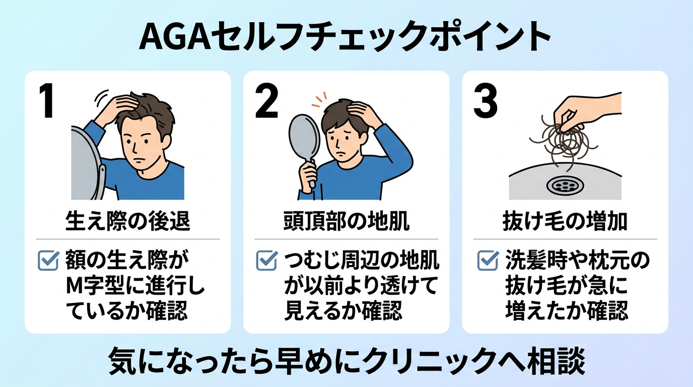 生え際・頭頂部の変化に気づいたときに確認したいAGAセルフチェックポイントのイラスト。3つのチェック項目を並べて表示: 1) 生え際が後退していないか 2) 頭頂部の地肌が透けて見えないか 3) 抜け毛の本数が増えていないか。下部に「気になったら早めにクリニックへ相談」という一言を添える。