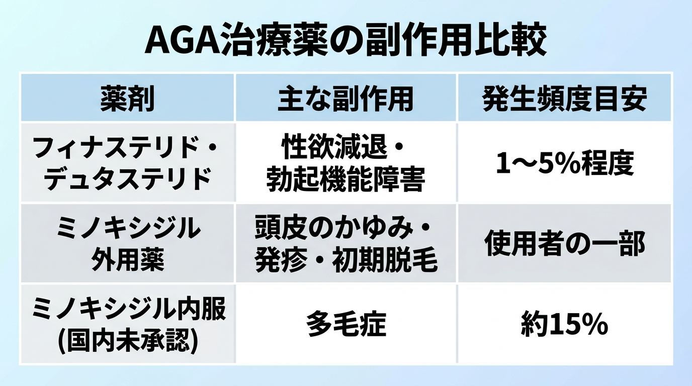 AGA治療薬の副作用比較インフォグラフィック。3列の表: ヘッダー行: 薬剤 | 主な副作用 | 発生頻度目安。行1: フィナステリド・デュタステリド | 性欲減退・勃起機能障害 | 1〜5%程度。行2: ミノキシジル外用薬 | 頭皮のかゆみ・発疹・初期脱毛 | 使用者の一部。行3: ミノキシジル内服(国内未承認) | 多毛症 | 約15%。