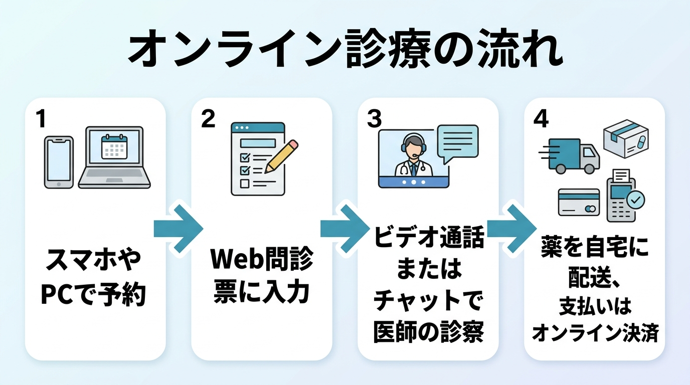 オンライン診療の流れを示すフローチャート。4ステップ構成: ステップ1「スマホやPCで予約」、ステップ2「Web問診票に入力」、ステップ3「ビデオ通話またはチャットで医師の診察」、ステップ4「薬を自宅に配送、支払いはオンライン決済」。矢印で1→2→3→4とつながるシンプルな図。