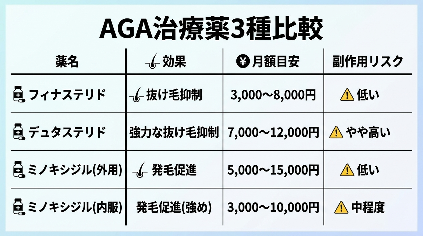 AGA治療薬3種の比較表。4列の表: ヘッダー行: 薬名 | 効果 | 月額目安 | 副作用リスク。行1: フィナステリド | 抜け毛抑制 | 3,000〜8,000円 | 低い。行2: デュタステリド | 強力な抜け毛抑制 | 7,000〜12,000円 | やや高い。行3: ミノキシジル(外用) | 発毛促進 | 5,000〜15,000円 | 低い。行4: ミノキシジル(内服) | 発毛促進(強め) | 3,000〜10,000円 | 中程度