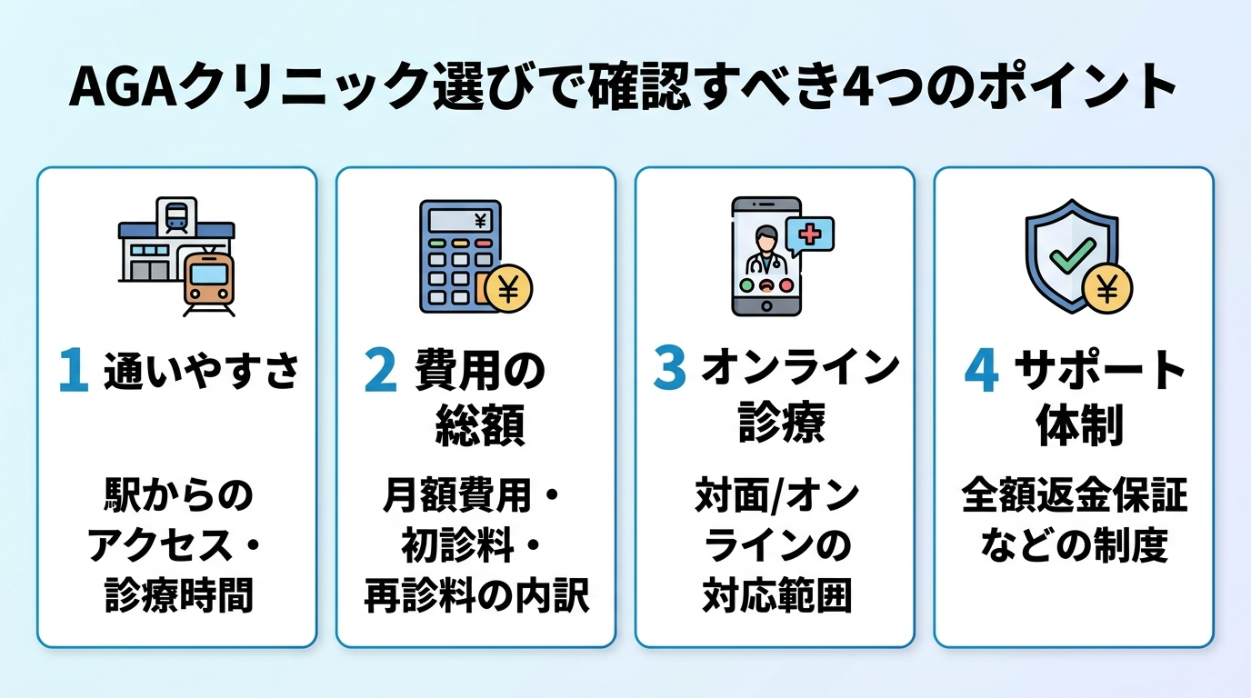 AGAクリニック選びで確認すべき4つのポイントを示すインフォグラフィック。4枚のカードを横並びで表示: カード1(駅アイコン)見出し:通いやすさ、説明:駅からのアクセス・診療時間。カード2(電卓アイコン)見出し:費用の総額、説明:月額費用・初診料・再診料の内訳。カード3(スマホアイコン)見出し:オンライン診療、説明:対面/オンラインの対応範囲。カード4(盾アイコン)見出し:サポート体制、説明:全額返金保証などの制度。