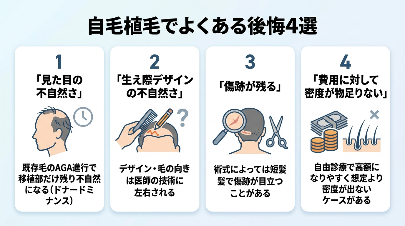 自毛植毛でよくある後悔4つを示すインフォグラフィック。4枚のカードを横並びで表示: カード1見出し:見た目の不自然さ、説明:既存毛のAGA進行で移植部だけ残り不自然になる(ドナードミナンス)。カード2見出し:生え際デザインの不自然さ、説明:デザイン・毛の向きは医師の技術に左右される。カード3見出し:傷跡が残る、説明:術式によっては短髪で傷跡が目立つことがある。カード4見出し:費用に対して密度が物足りない、説明:自由診療で高額になりやすく想定より密度が出ないケースがある。
