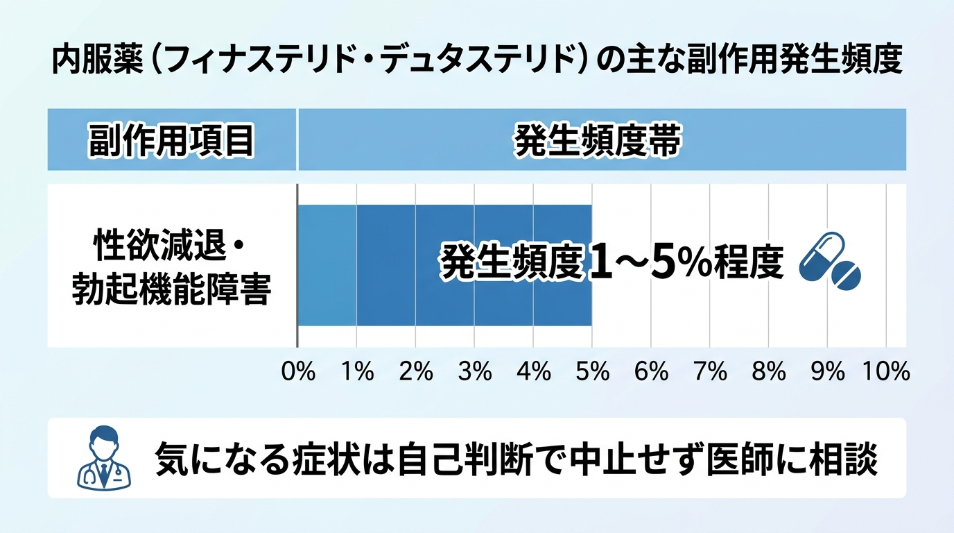 内服薬の主な副作用の発生頻度を示すチャート。項目: 性欲減退・勃起機能障害|発生頻度1〜5%程度(フィナステリド・デュタステリド内服)。棒グラフで頻度帯を示し、下部に「気になる症状は自己判断で中止せず医師に相談」の注記を添える。