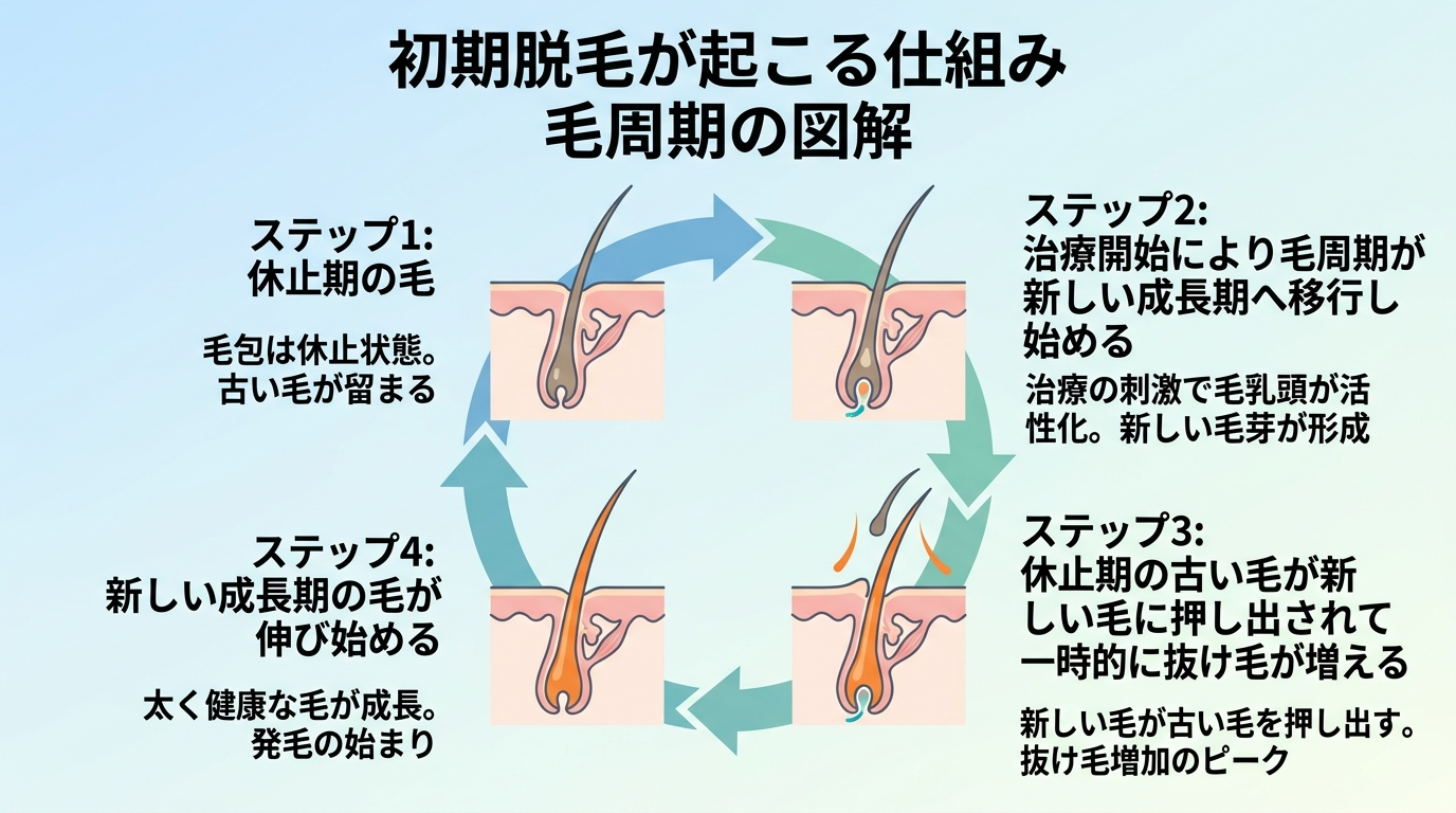 初期脱毛が起こる仕組みを示す毛周期の図解。ステップ1: 休止期の毛。ステップ2: 治療開始により毛周期が新しい成長期へ移行し始める。ステップ3: 休止期の古い毛が新しい毛に押し出されて一時的に抜け毛が増える。ステップ4: 新しい成長期の毛が伸び始める。4コマの円環図で毛周期の流れを表現。