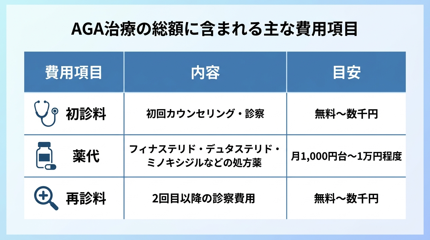 タイトル: AGA治療の総額に含まれる主な費用項目。3列の表: 費用項目 | 内容 | 目安。行1: 初診料 | 初回カウンセリング・診察 | 無料〜数千円。行2: 薬代 | フィナステリド・デュタステリド・ミノキシジルなどの処方薬 | 月1,000円台〜1万円程度。行3: 再診料 | 2回目以降の診察費用 | 無料〜数千円