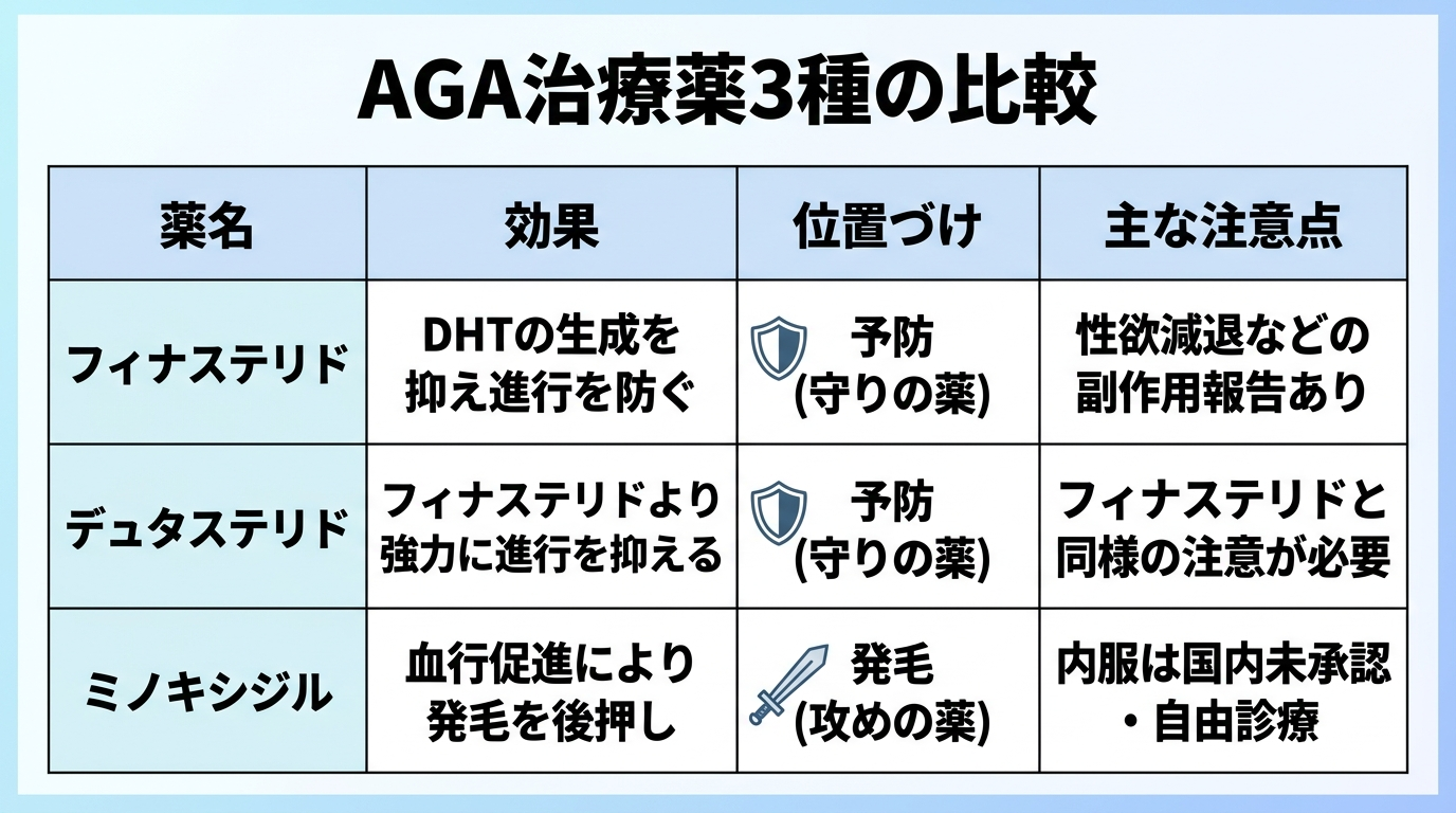 タイトル: AGA治療薬3種の比較。4列の表: ヘッダー行: 薬名 | 効果 | 位置づけ | 主な注意点。行1: フィナステリド | DHTの生成を抑え進行を防ぐ | 予防(守りの薬) | 性欲減退などの副作用報告あり。行2: デュタステリド | フィナステリドより強力に進行を抑える | 予防(守りの薬) | フィナステリドと同様の注意が必要。行3: ミノキシジル | 血行促進により発毛を後押し | 発毛(攻めの薬) | 内服は国内未承認・自由診療