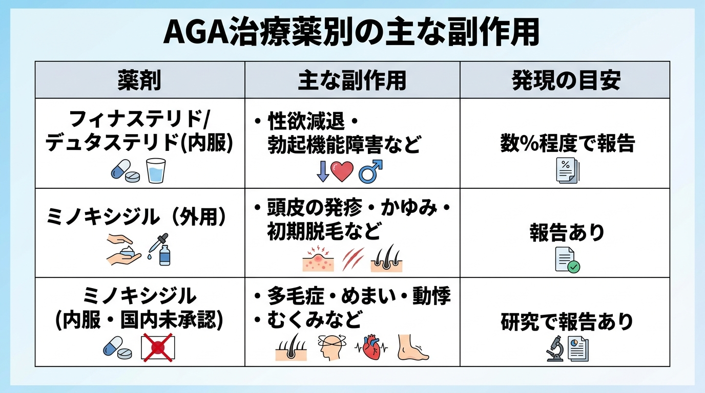 タイトル: AGA治療薬別の主な副作用。3列の表: ヘッダー: 薬剤 | 主な副作用 | 発現の目安。行1: フィナステリド/デュタステリド(内服) | 性欲減退・勃起機能障害など | 数%程度で報告。行2: ミノキシジル(外用) | 頭皮の発疹・かゆみ・初期脱毛など | 報告あり。行3: ミノキシジル(内服・国内未承認) | 多毛症・めまい・動悸・むくみなど | 研究で報告あり