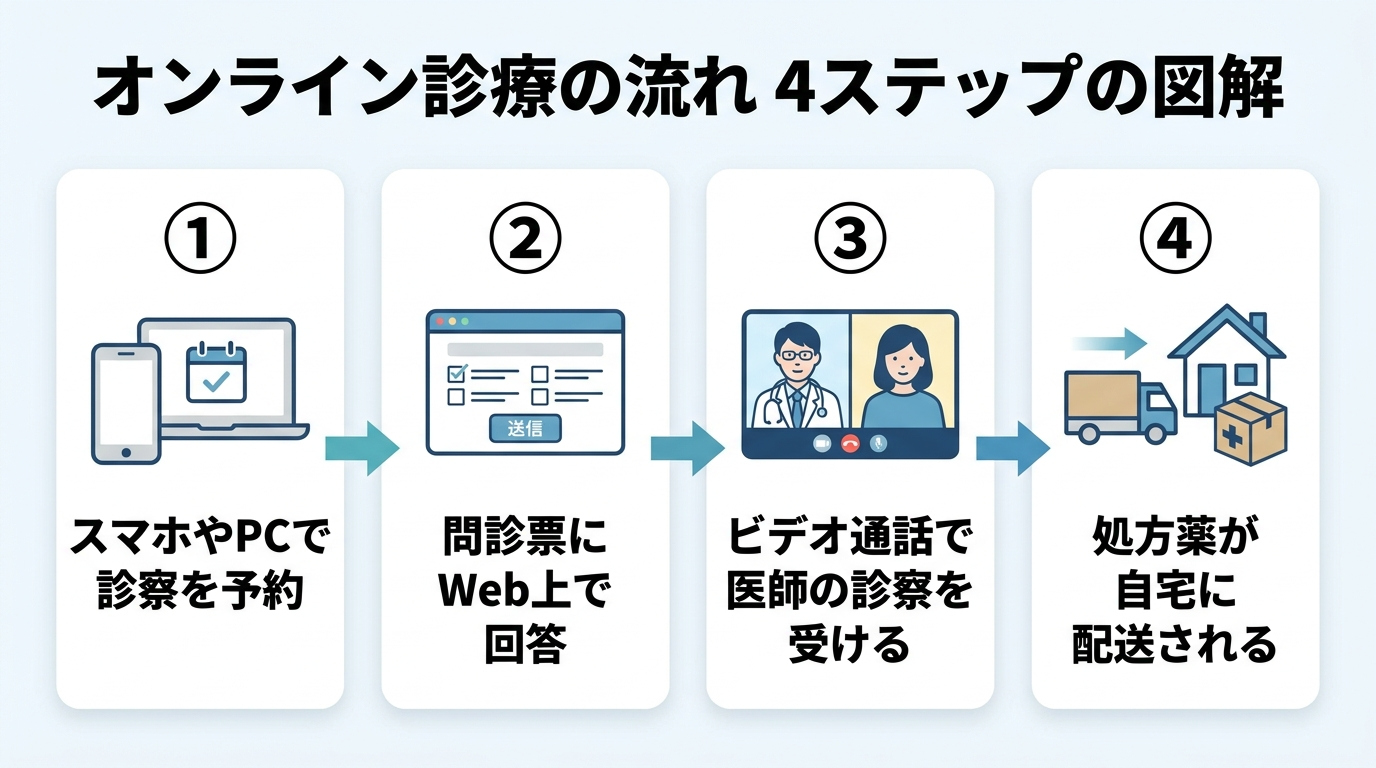 タイトル: オンライン診療の流れ。4ステップの図解: ①スマホやPCで診察を予約 ②問診票にWeb上で回答 ③ビデオ通話で医師の診察を受ける ④処方薬が自宅に配送される