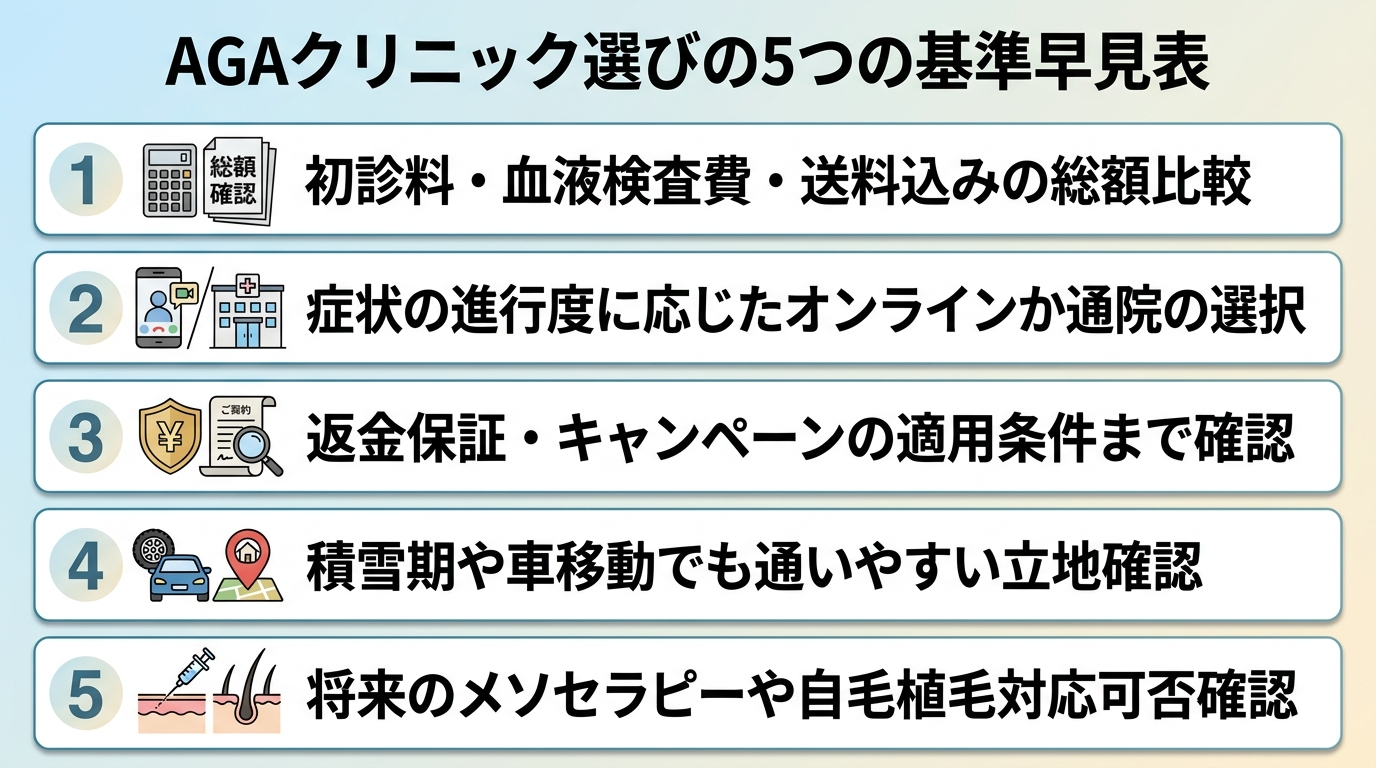 タイトル: AGAクリニック選びの5つの基準早見表。5行のリスト形式: 1.初診料・血液検査費・送料込みの総額で比較する 2.症状の進行度に応じてオンラインか通院かを選ぶ 3.返金保証・キャンペーンは適用条件まで確認する 4.積雪期や車移動でも通いやすい立地か確認する 5.将来メソセラピーや自毛植毛が必要になった場合の対応可否を確認する