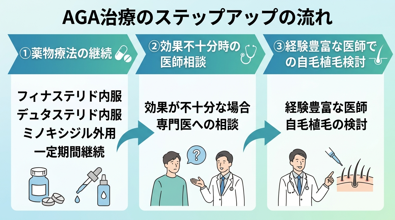 タイトル: AGA治療のステップアップの流れ。3段階の矢印図: ①内服薬(フィナステリド・デュタステリド)や外用薬(ミノキシジル)による薬物療法を一定期間継続 ②効果が十分でない場合に医師と相談 ③経験豊富な医師のもとで自毛植毛を検討