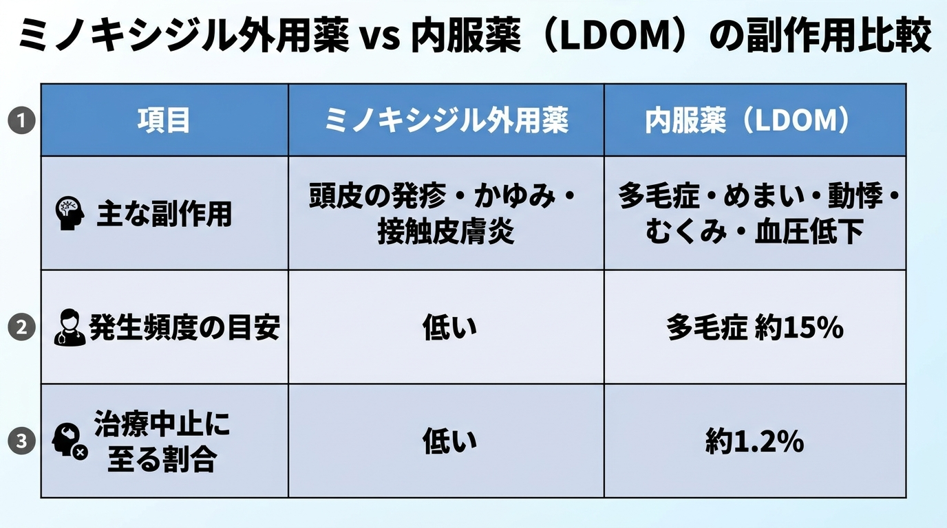 タイトル: ミノキシジル外用薬 vs 内服薬(LDOM)の副作用比較。3列の表: ヘッダー行: 項目 | 外用薬 | 内服薬(国内未承認)。行1: 主な副作用 | 頭皮の発疹・かゆみ・接触皮膚炎 | 多毛症・めまい・動悸・むくみ・血圧低下。行2: 発生頻度の目安 | 低い | 多毛症 約15%。行3: 治療中止に至る割合 | 低い | 約1.2%