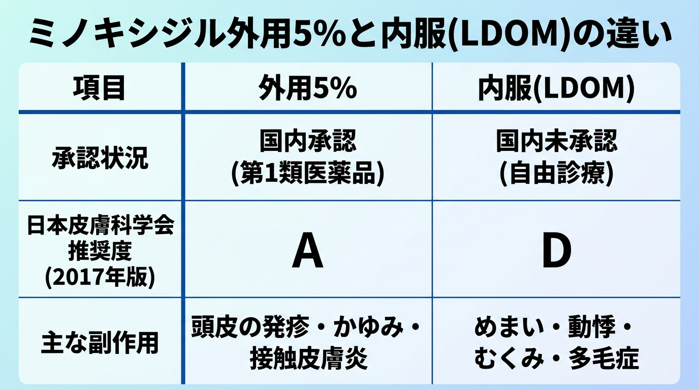 タイトル: ミノキシジル外用5%と内服(LDOM)の違い。4列の表形式。ヘッダー:項目|外用5%|内服(LDOM)。行1:承認状況|国内承認(第1類医薬品)|国内未承認(自由診療)。行2:日本皮膚科学会推奨度(2017年版)|A|D。行3:主な副作用|頭皮の発疹・かゆみ・接触皮膚炎|めまい・動悸・むくみ・多毛症。