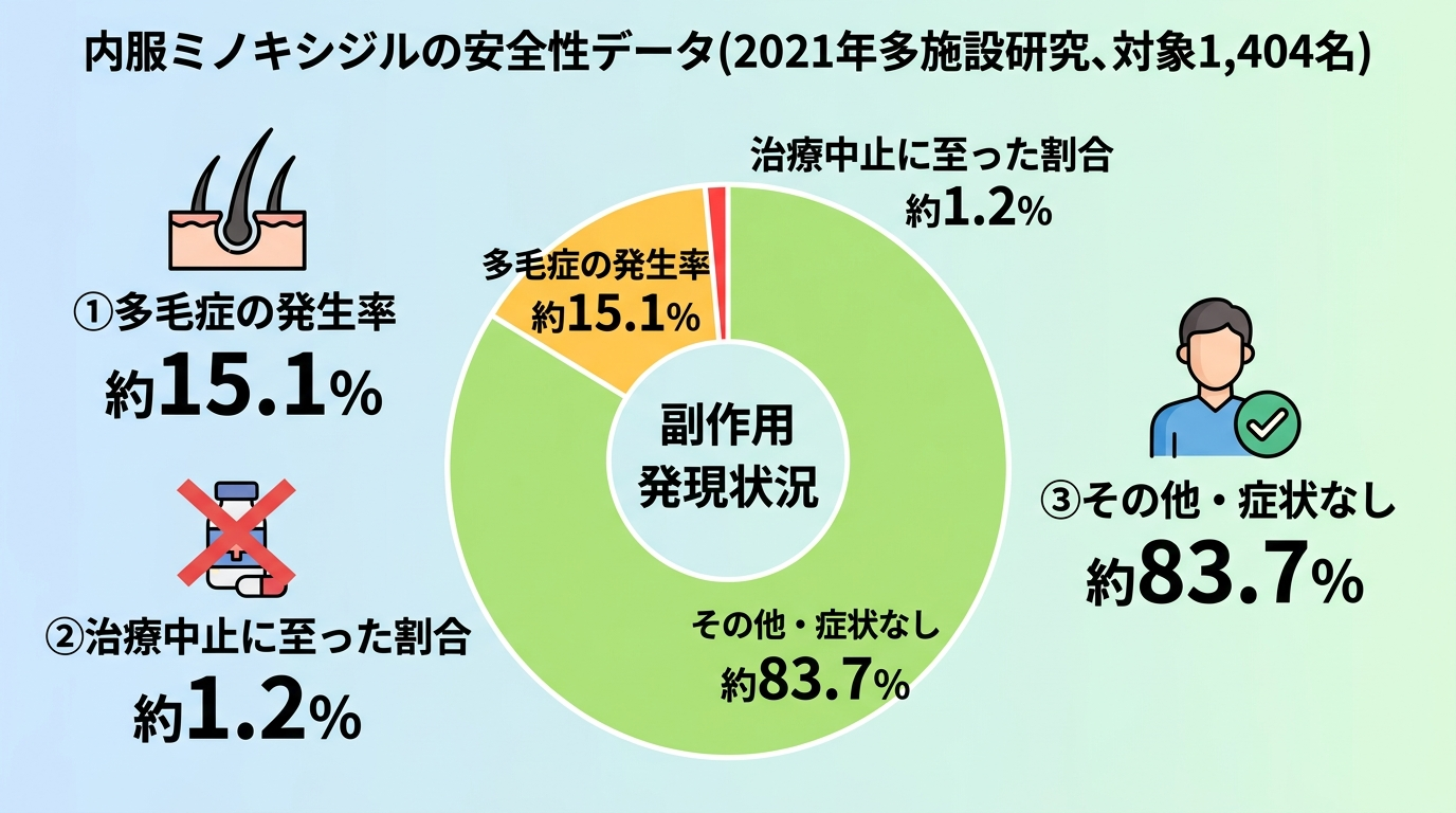 タイトル: 内服ミノキシジルの安全性データ(2021年多施設研究、対象1,404名)。円グラフ風データ。多毛症の発生率:約15.1%。治療中止に至った割合:約1.2%。その他・症状なし:約83.7%。