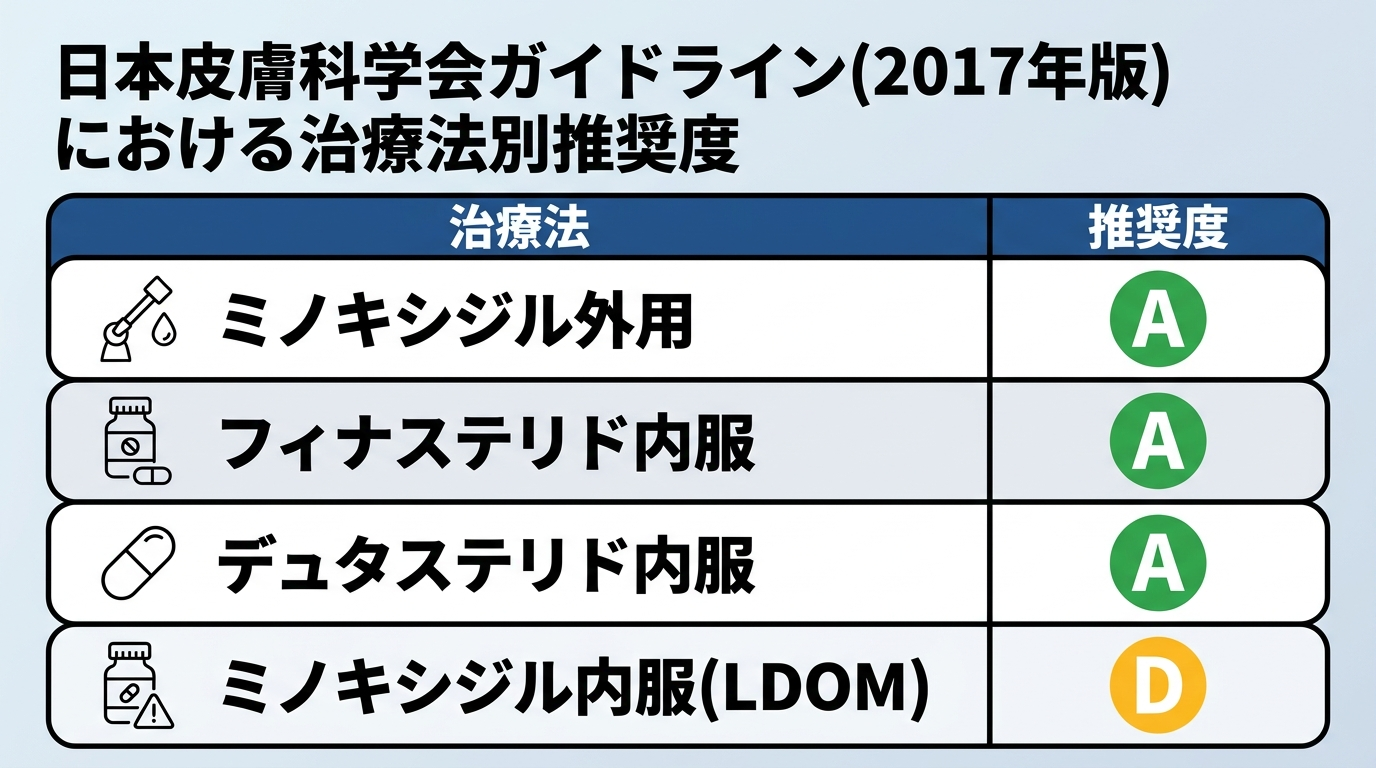 タイトル: 日本皮膚科学会ガイドライン(2017年版)における治療法別推奨度。表形式。ヘッダー:治療法|推奨度。行1:ミノキシジル外用|A。行2:フィナステリド内服|A。行3:デュタステリド内服|A。行4:ミノキシジル内服(LDOM)|D。