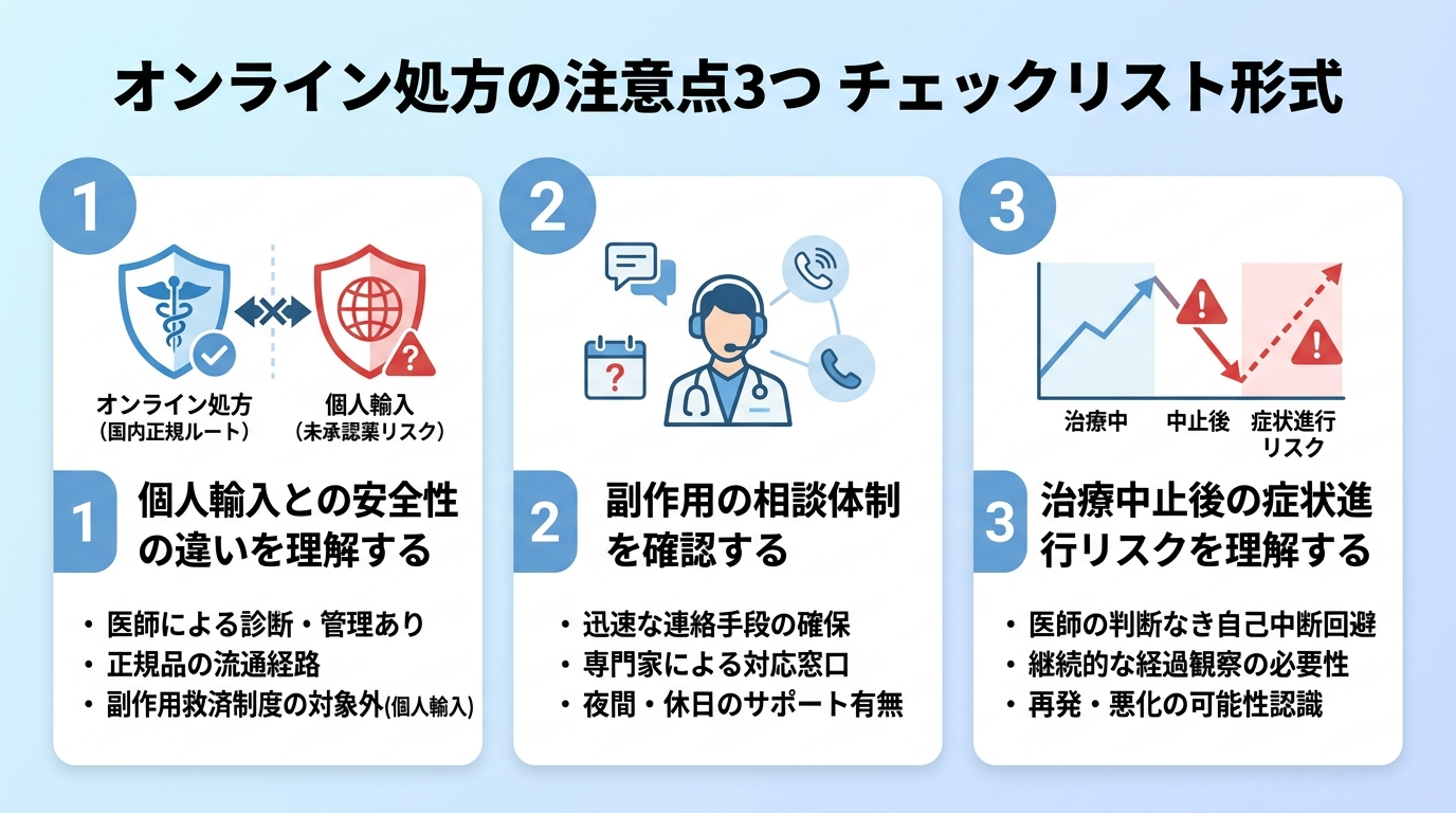 タイトル: オンライン処方の注意点3つ。チェックリスト形式。項目1:個人輸入との安全性の違いを理解する。項目2:副作用の相談体制を確認する。項目3:治療中止後の症状進行リスクを理解する。