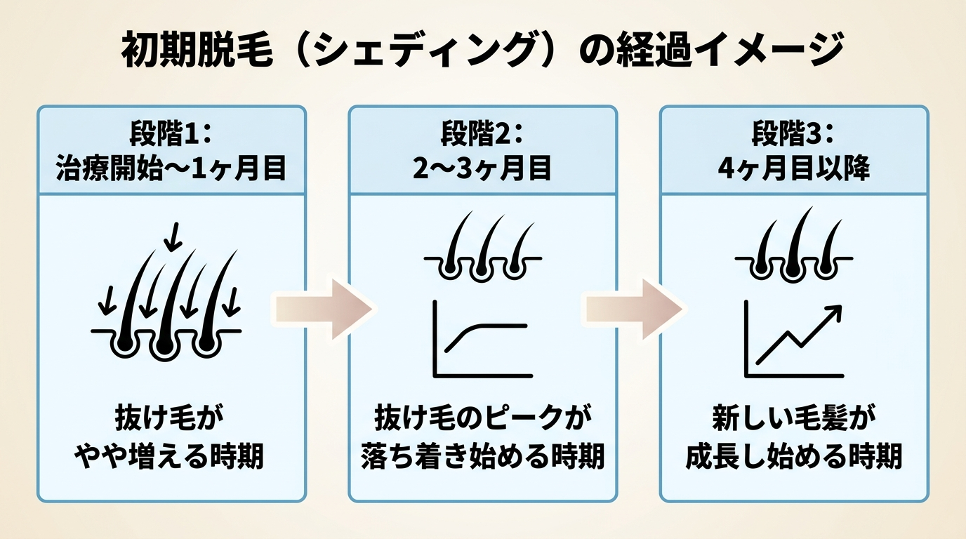 タイトル: 初期脱毛(シェディング)の経過イメージ。3段階の時系列チャート。段階1:治療開始〜1ヶ月目、抜け毛がやや増える時期。段階2:2〜3ヶ月目、抜け毛のピークが落ち着き始める時期。段階3:4ヶ月目以降、新しい毛髪が成長し始める時期。