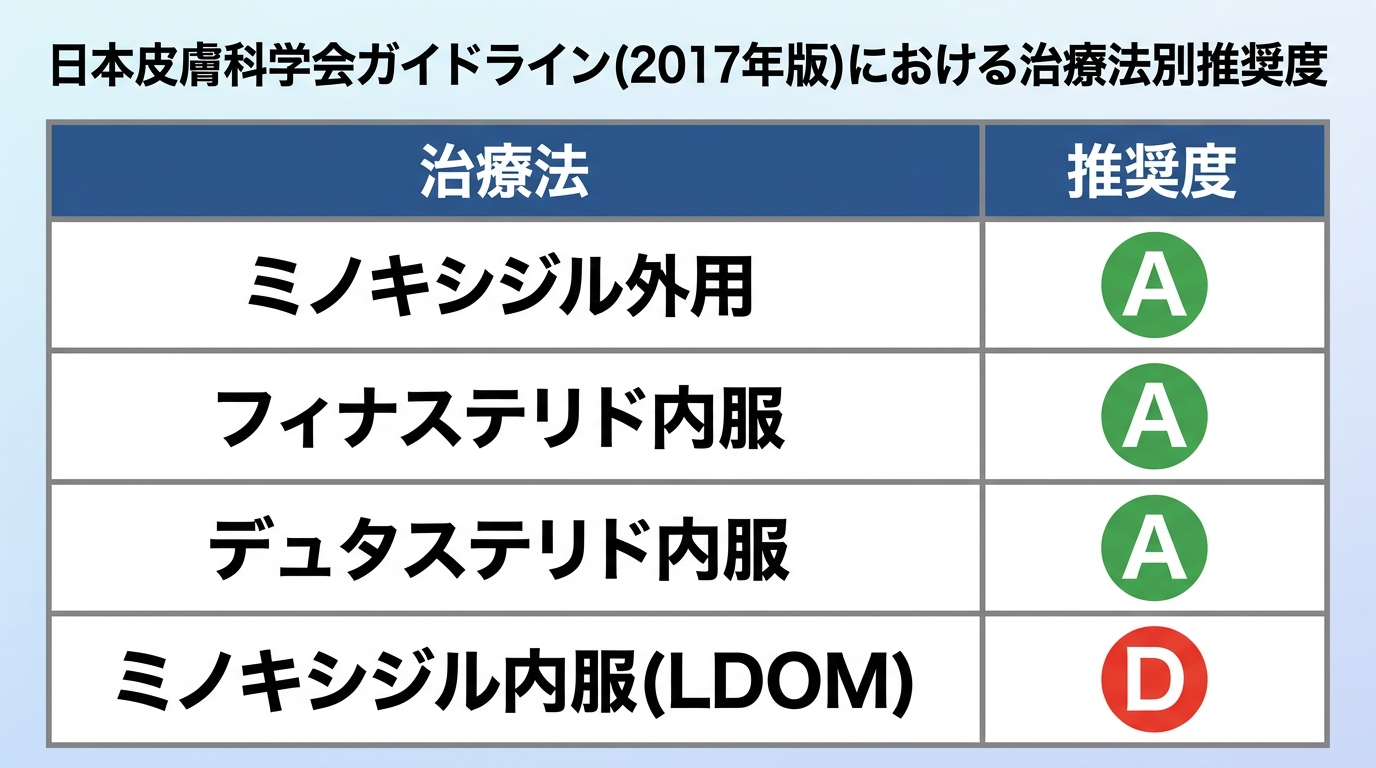 タイトル: 日本皮膚科学会ガイドライン(2017年版)における治療法別推奨度。表形式。ヘッダー:治療法|推奨度。行1:ミノキシジル外用|A。行2:フィナステリド内服|A。行3:デュタステリド内服|A。行4:ミノキシジル内服(LDOM)|D。