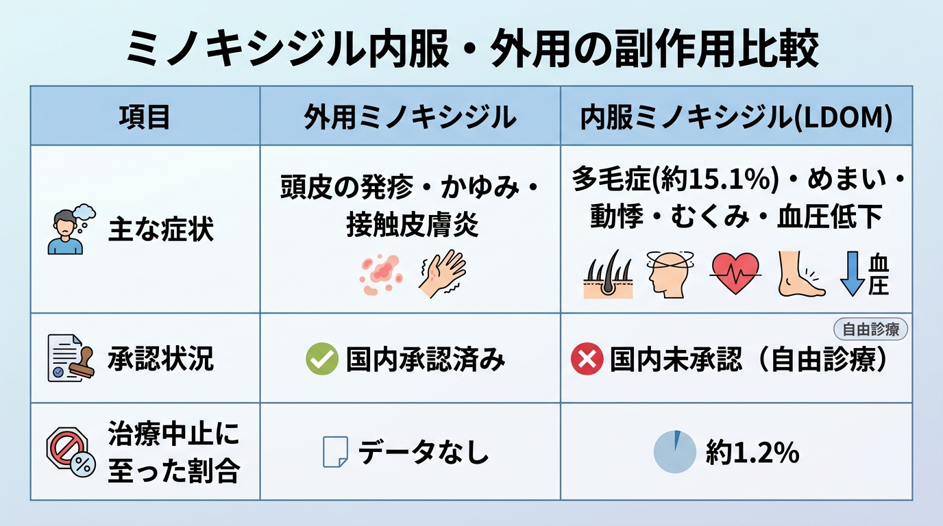 タイトル: ミノキシジル内服・外用の副作用比較。3列表: 項目 | 外用ミノキシジル | 内服ミノキシジル(LDOM)。行1: 主な症状 | 頭皮の発疹・かゆみ・接触皮膚炎 | 多毛症(約15.1%)・めまい・動悸・むくみ・血圧低下。行2: 承認状況 | 国内承認済み | 国内未承認(自由診療)。行3: 治療中止に至った割合 | データなし | 約1.2%
