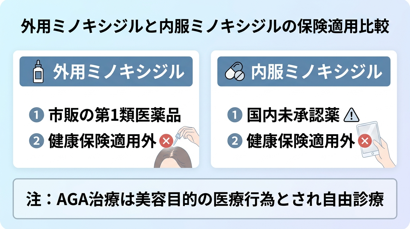 タイトル: 外用ミノキシジルと内服ミノキシジルの保険適用比較。2カード横並び。カード1見出し「外用ミノキシジル」内容「市販の第1類医薬品/健康保険適用外」。カード2見出し「内服ミノキシジル」内容「国内未承認薬/健康保険適用外」。下部注記「AGA治療は美容目的の医療行為とされ自由診療」
