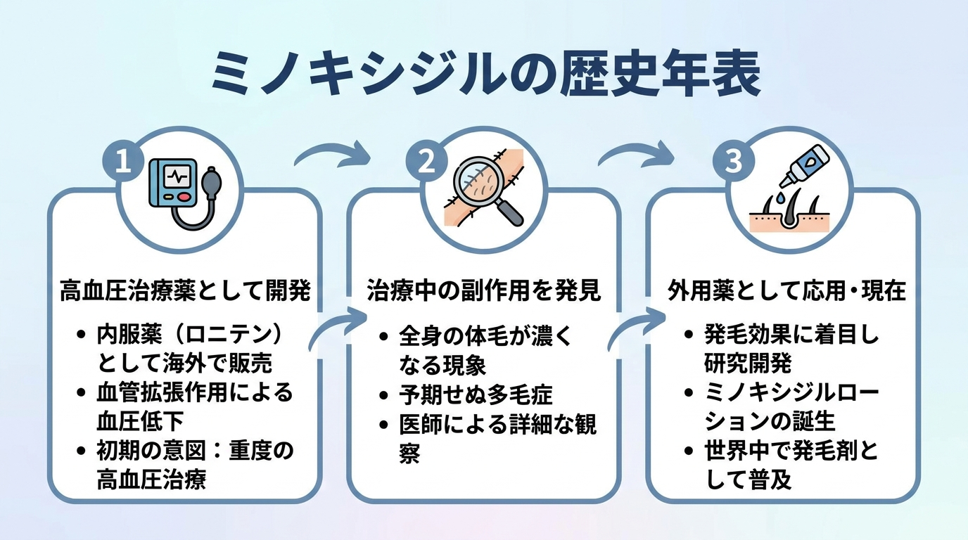 タイトル: ミノキシジルの歴史年表。横並び3ステップ図。ステップ1: 高血圧治療薬として開発(内服・海外で「ロニテン」として販売)。ステップ2: 治療中に体毛が濃くなる副作用を発見。ステップ3: 発毛効果に着目し外用薬(ミノキシジルローション)として応用、現在に至る。