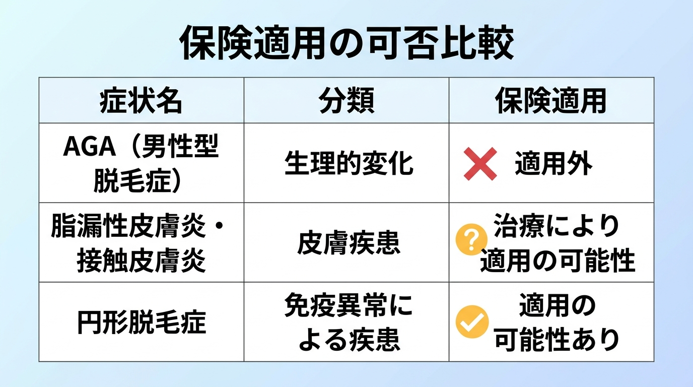 タイトル: 保険適用の可否比較。3列表: 症状名 | 分類 | 保険適用。行1: AGA(男性型脱毛症) | 生理的変化 | 適用外。行2: 脂漏性皮膚炎・接触皮膚炎 | 皮膚疾患 | 治療により適用の可能性。行3: 円形脱毛症 | 免疫異常による疾患 | 適用の可能性あり。